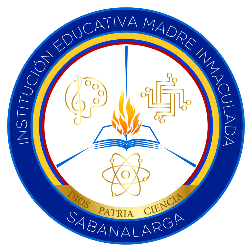 Escudo de la Institución Educativa Madre Inmaculada: antorcha, libro y símbolos del arte, la ciencia y la tecnología sobre fondo azul con el lema Dios, Patria y Ciencia